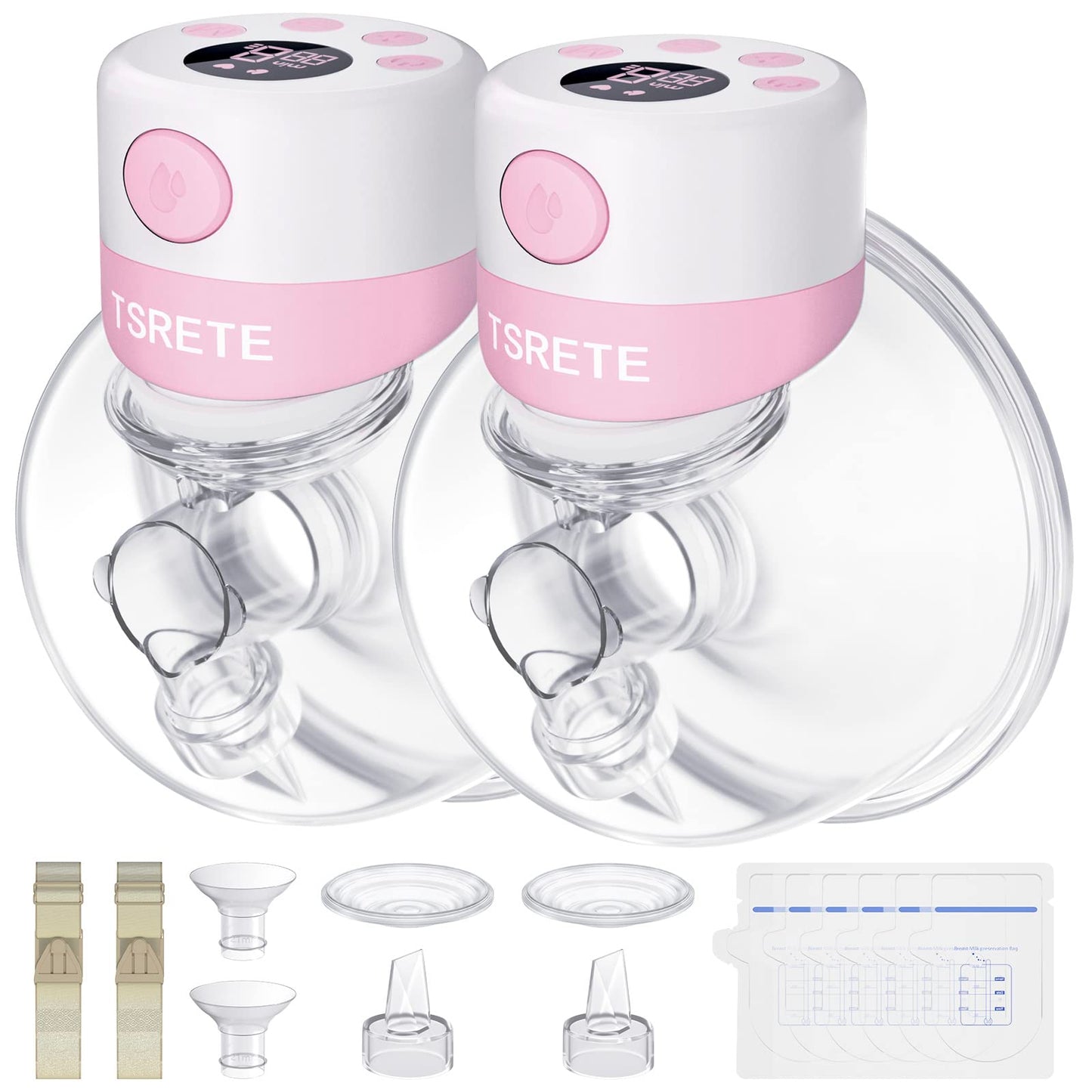 TSRETE Breast Pump Double Wearable Breast Pump Electric Hands-Free Breast Pumps with 2 Modes 9 Levels LCD Display Memory Function Rechargeable Double Milk Extractor-21/24mm Flange Pink