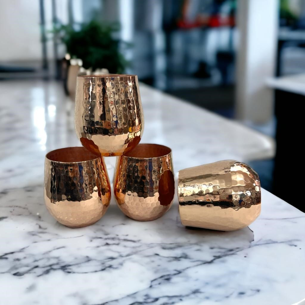 Set of One Copper Pitcher with Top and Four Tumblers, Hammered and Shiny Finish